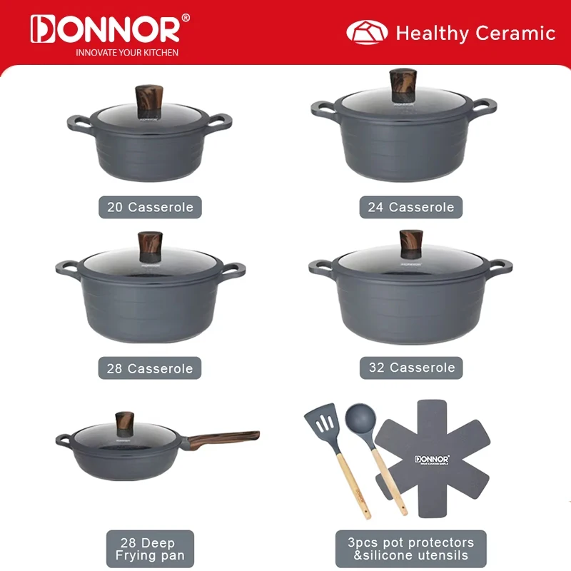 DONNOR 15-teiliges Töpfe- und Pfannen-Set für die Küche, Aluminium-Kochgeschirr-Set mit Utensilien, antihaftbeschichtete Töpfe und Pfannen-Set mit Granitbeschichtung JT273 Image