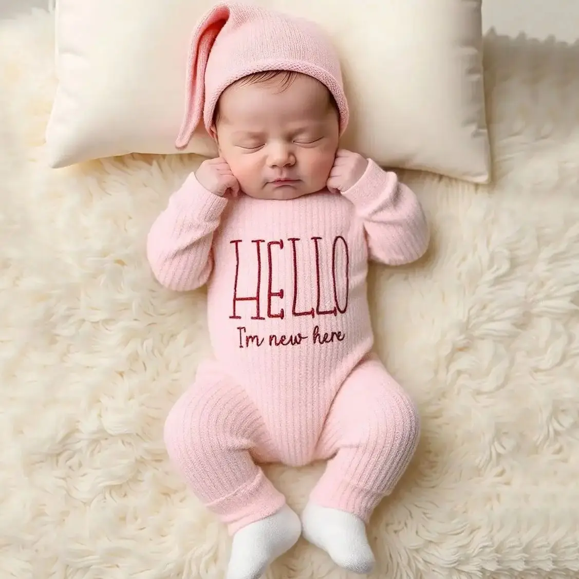 Ylsteed „Hallo“ Stickerei Neugeborenen Fotografie Requisiten Säuglingsspielanzug Overall Schleife Hut Baby Coming Home Outfit Baby Foto Geschenk-HD Image