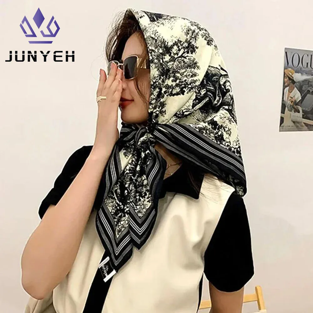 90*90cm Silk Schals Frauen Druck Foulard Quadratischen Kopf Hijab Damen Luxus Marke Schal Halstuch Weibliche Schalldämpfer Outdoor-aktivitäten Image