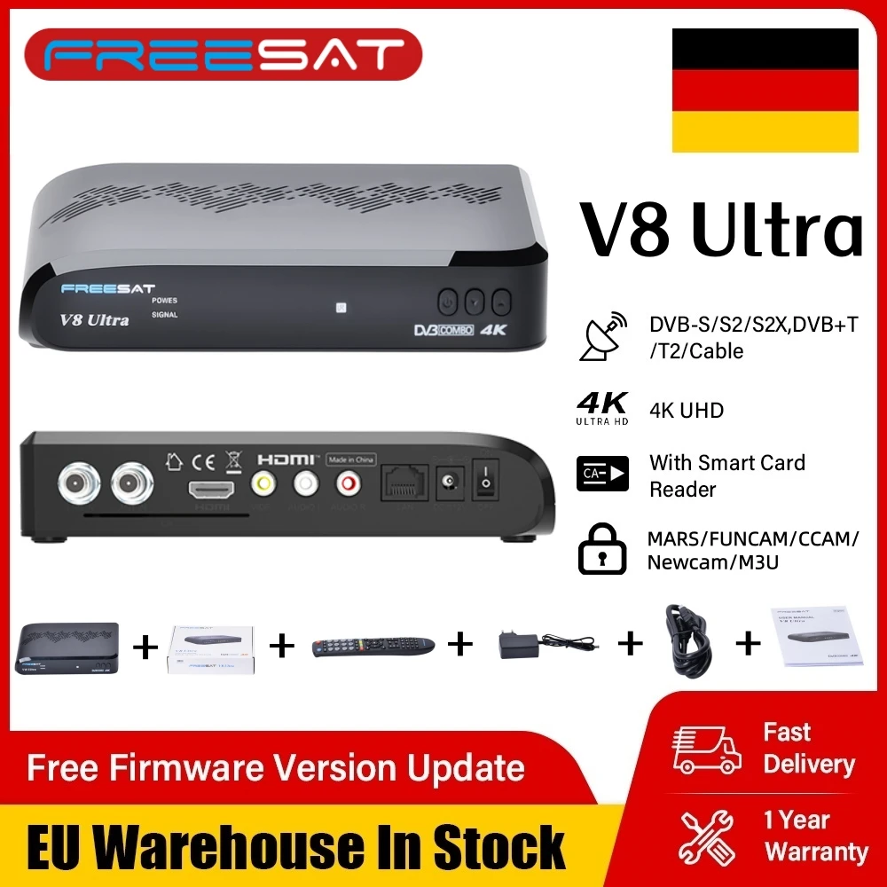 V8 Ultra 4K TV Box DVB-S/S2/S2X, DVB-T2/T+C, FUNCAM/MARS/CCAM/M3U Satellitenempfänger mit CA-Kartenleser, Lagerbestand im deutschen Lager Image