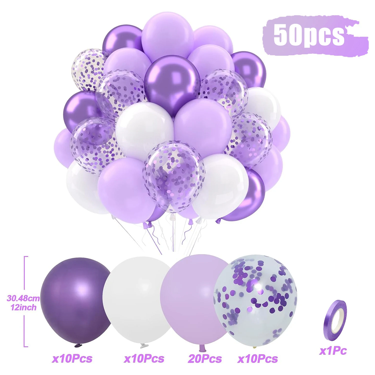 12 Zoll 50 Stück lila blau rosa Latexballons mit Konfetti, geeignet für Hochzeiten, Geburtstage, trendige Partys, Brautpartys Image