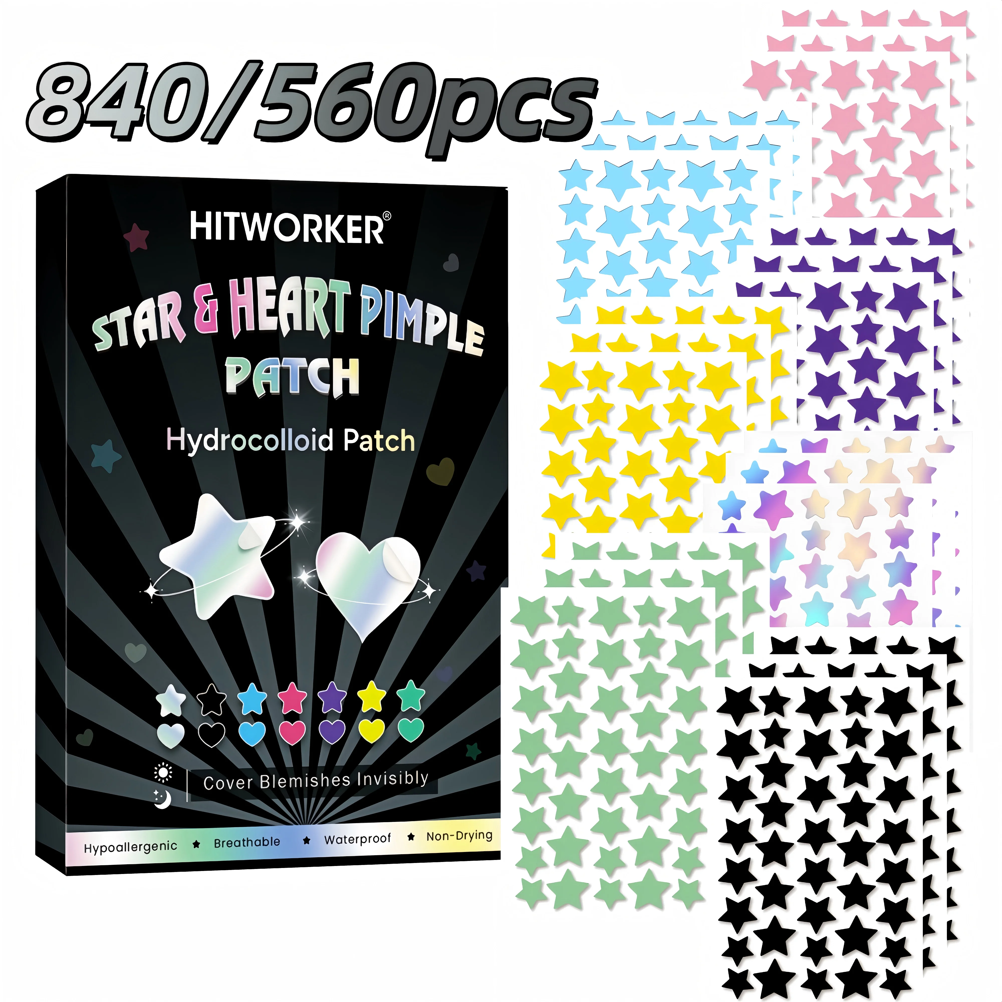 Wasserbasiertes kolloidales sternförmiges 7-Farben-Aknepflaster, 840/560 Tabletten/Karton – alkoholfrei, zur Absorbierung von Akne-Sekretionen Image