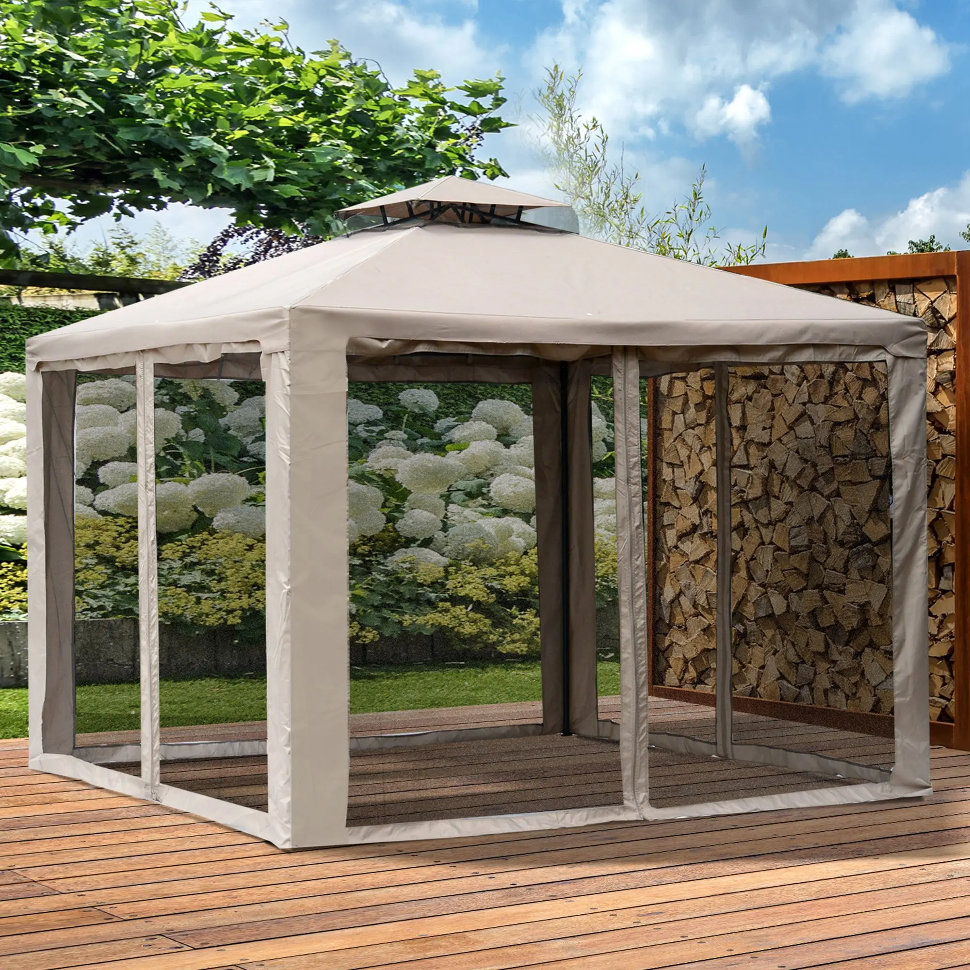 Gartenpavillon 3 x 3 m mit 4 Seitenteilen, wetterfest, Metall und Polyester, ideal für Gartenpartys und Veranstaltungen, grau auf der Seiten Image