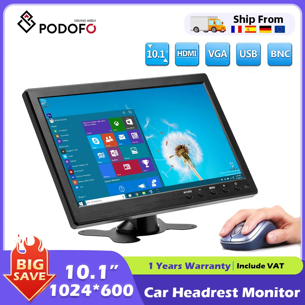 Podofo 10.1 HD-Automonitor, TFT-LCD, HD-Digitalmonitor mit HDMI/VGA/AV/USB/SD-PC/TV/DVD-Player für LKW Image