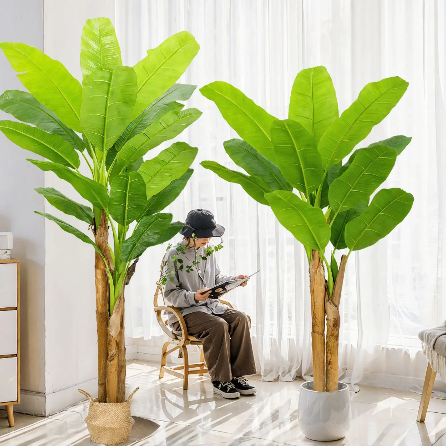 Albero di banano artificiale da 120 cm a 240 cm, grande pianta finta verde con foglie di palma, decorazione tropicale per interni ed esterni.