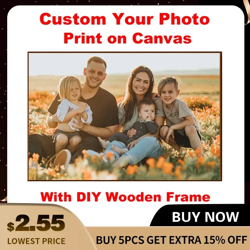 Stampa personalizzata della tua foto Pittura su tela Poster con cornice in legno fai-da-te Stampe HD Decorazione artistica da parete Pet Kids Famiglia Paesaggio Immagine