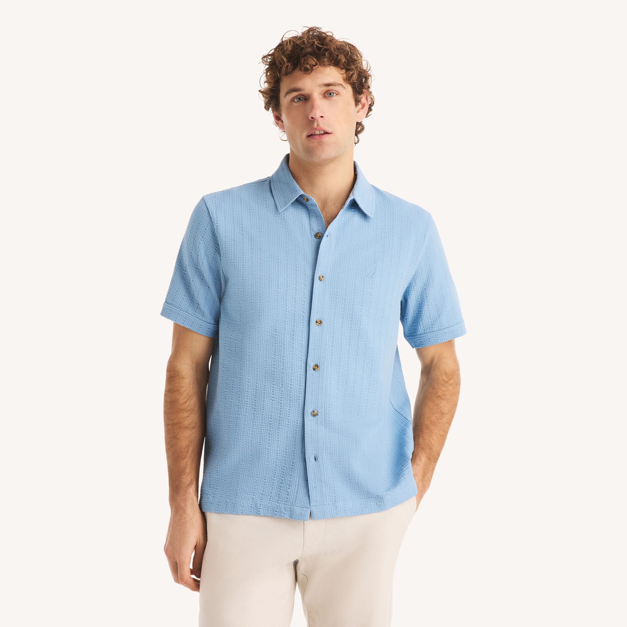 Nautica Men's Classic Fit Seersucker Button-Front Polo 962 (Blue Dive), S