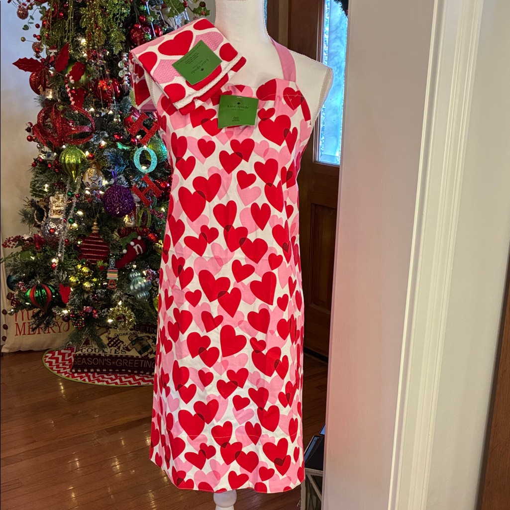 Kate Spade Kitchen | Kate Spade Heart Apron And Matching Kitchen Towels With Pink/Red Hearts | Color: Pink/Red | Size: Os