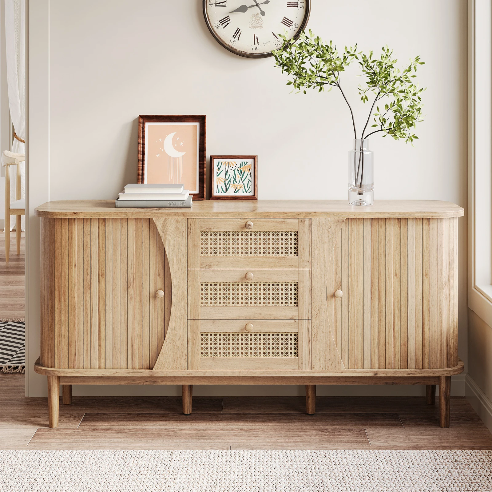 Comanlai 140,5 cm Sideboard, Rattan-Kommode, mit Schiebetüren, verstellbaren Regalen und abgerundeten Platte, für Wohnzimmer Image