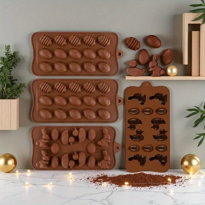 2 Stück Oster-Schokoladenformen aus Silikon – latexfrei, mit Ei-, Häschen-, Kaninchen- und Entenformen für perfekt gebratene Osterläufer Image