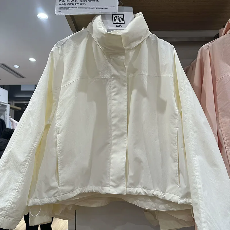 2023 Frühjahr Neue Damen-Kokonjacke mit winddichtem Stehkragen und Kapuze, kurzer Mantel, einfacher und vielseitiger einfarbiger Jack Image