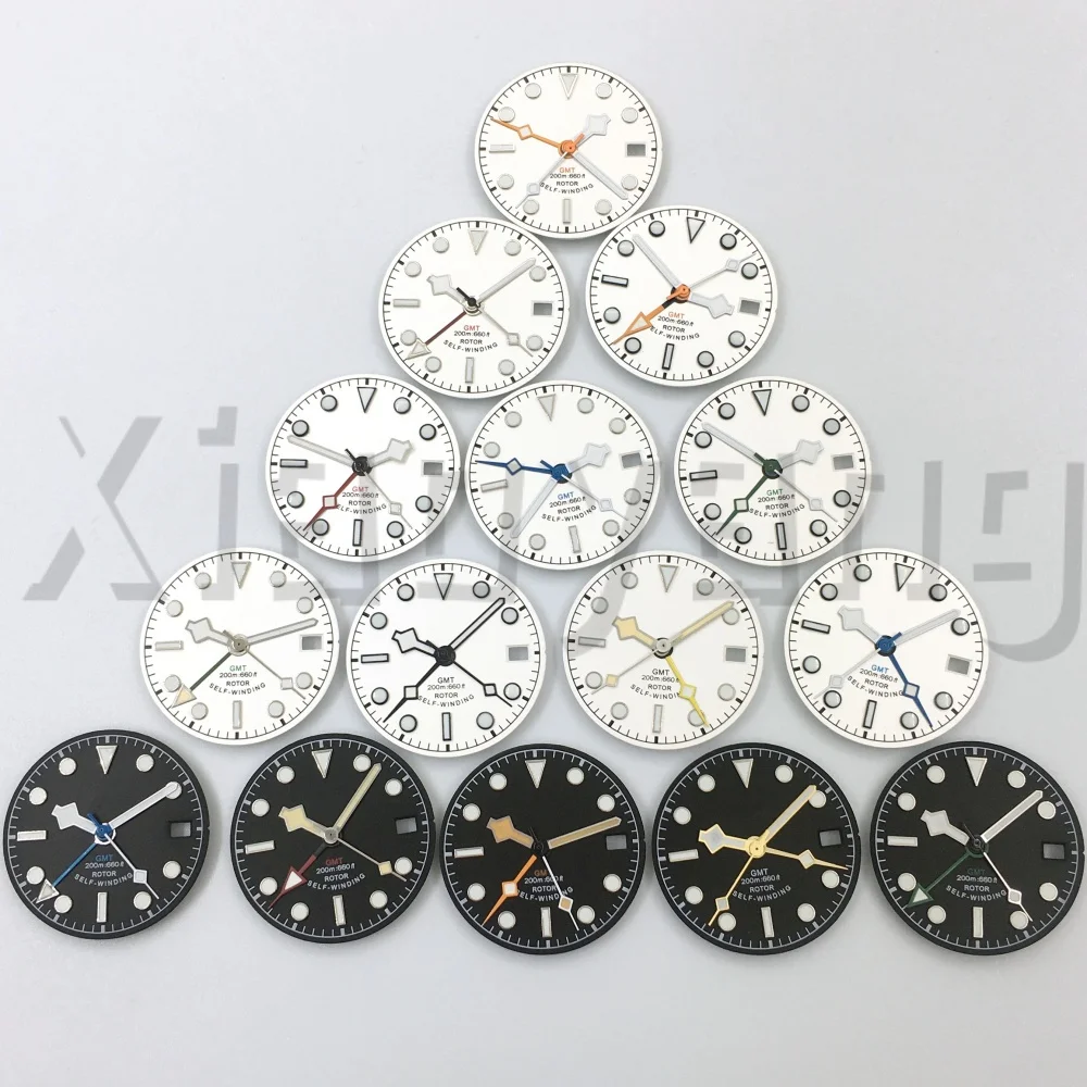 29 mm steriles schwarz/weißes mattes GMT-Uhrenzifferblatt mit 4-poligem Schneeflocken-Uhrzeiger, Uhrenteile, grün leuchtend, passend für NH34-Uhrwerk Image