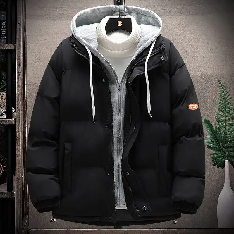 Männer dicke warme Winter Parkas Puffer Jacke Mode lässig Baumwolle gepolsterte Outwear Mäntel Top-Mann Kapuzen jacken gefälschte zwei Kleidung