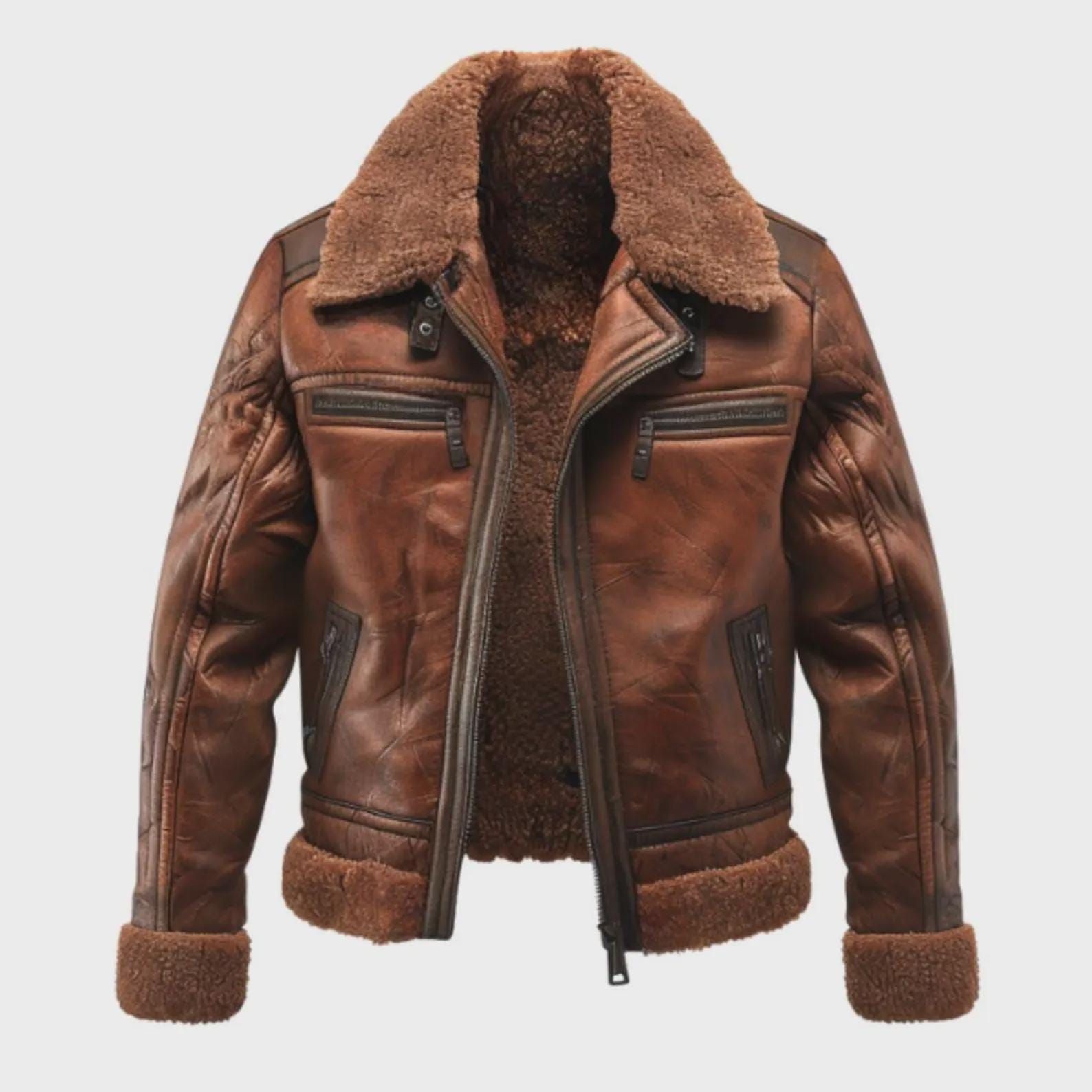 Giacca da motociclista da uomo in vera pelle di vacchetta marrone - Cappotto bomber da aviatore marrone in shearling fatto a mano - Giacca invernale -