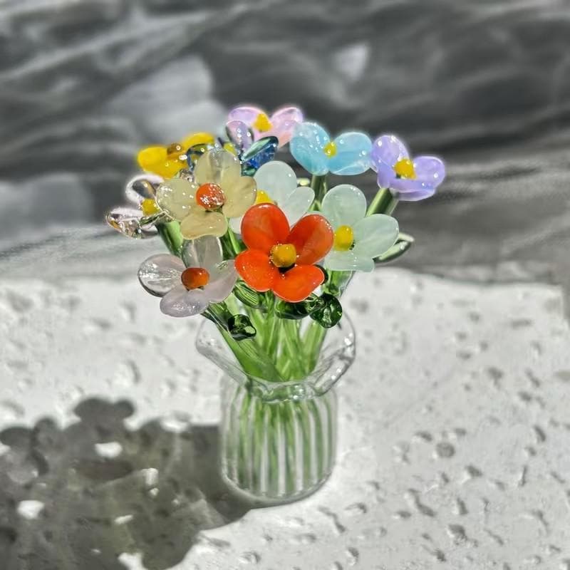 6 fiori di vetro e vaso - Miglior prezzo 2 sterline per fiore, graziosi mini fiori di vetro, fiori confezionati a mano e vaso, 6 fiori e vaso