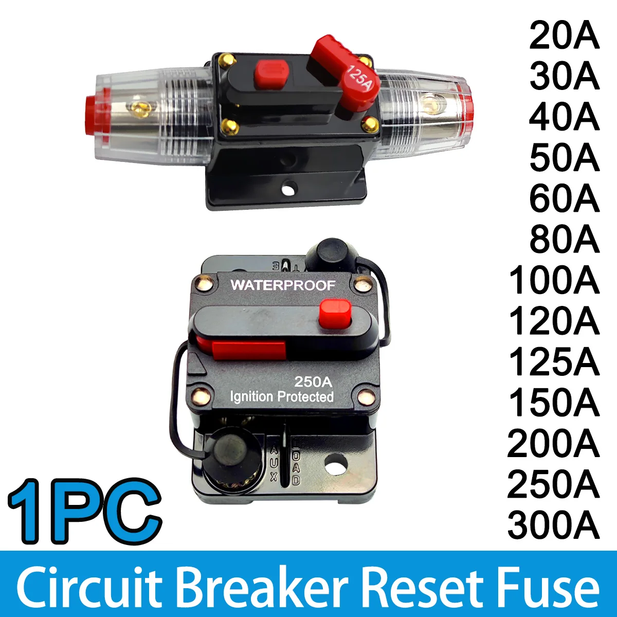 1PC Interruttore automatico Reset manuale Interruttore automatico impermeabile per sistema audio per auto 20a a 300a Interruttore automatico per interruttore fusibile per auto