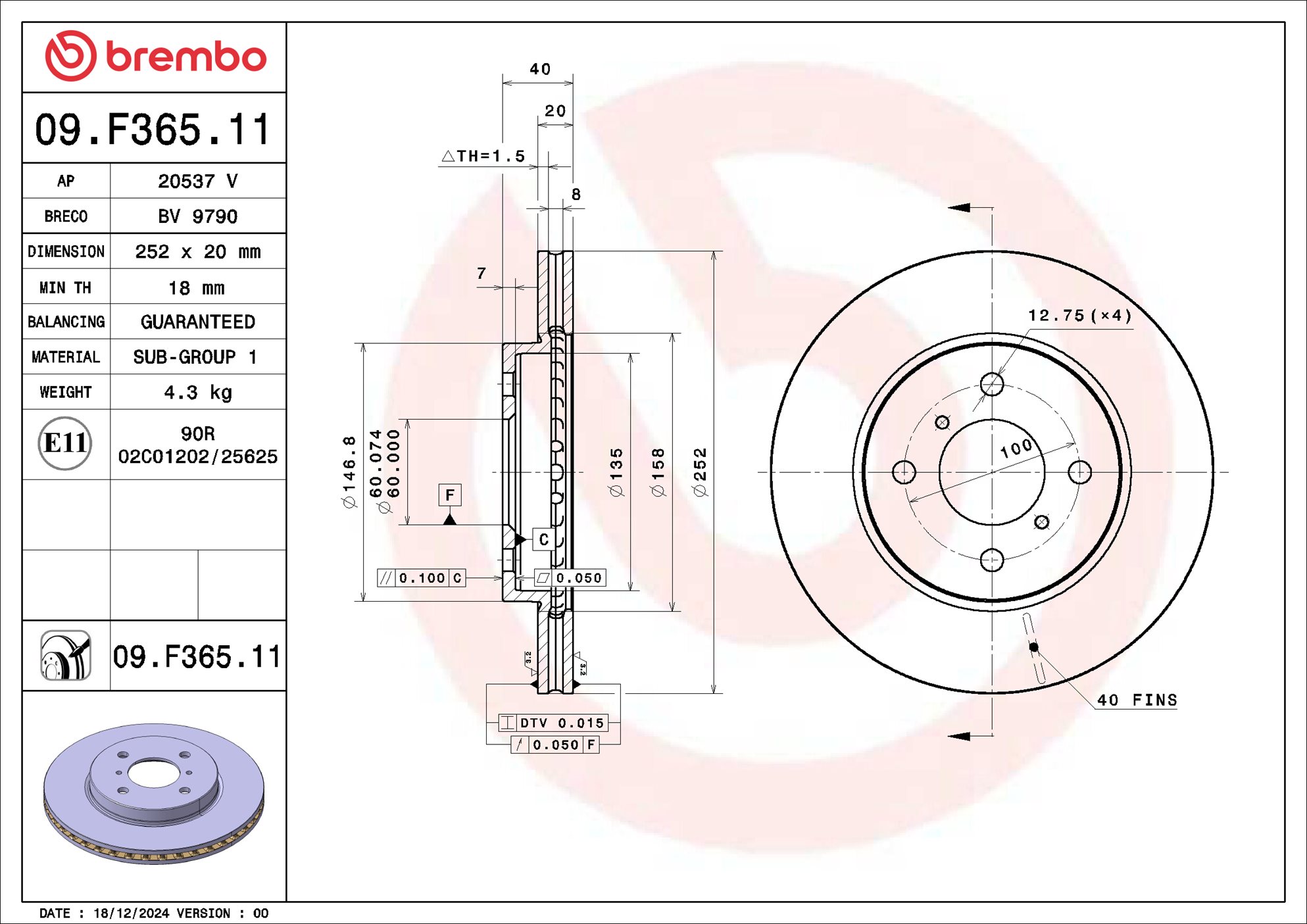 BREMBO Bremsscheibe vorne rechts links innenbelüftet 252mm für SUZUKI 5531171L00 5531171L00000 09.F365.11 Image