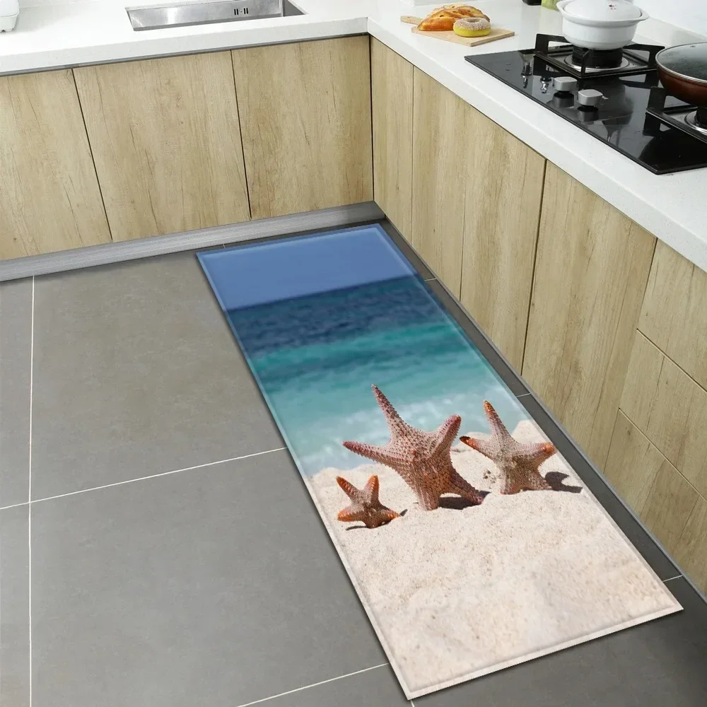 Rutschfester, waschbarer Strand-Freizeit-Themen-Läufer-Matte, Seestern-Muschel-Design-Teppich für Küche, Flur, Korridor, Heimdekoration, Bodenteppich Image