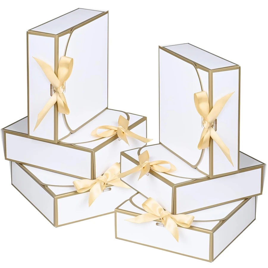 20 Stück, elegante weiße Geschenkboxen mit Deckel, eleganter Goldbesatz, goldenes Band, 6,5''x6,5''x2'' Geeignet für alle Arten von Feiertage