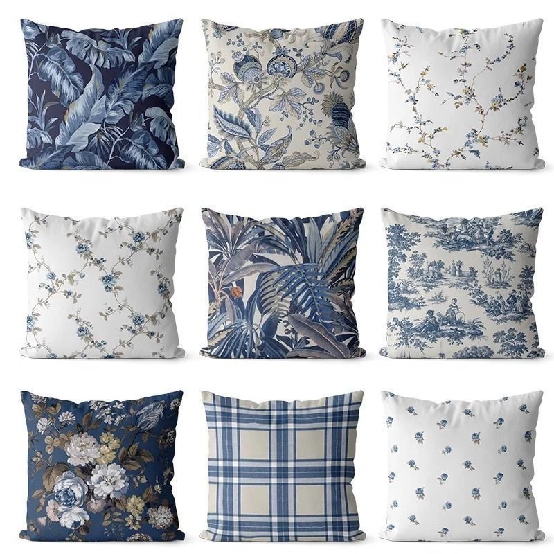 Quadratischer Polyester-Kissenbezug mit blauem und weißem Retro-Muster, dekorativer Kissenbezug für Sofa und Wohnzimmer, Schlafzimmer-Nachttisch-Kissenbezug Image