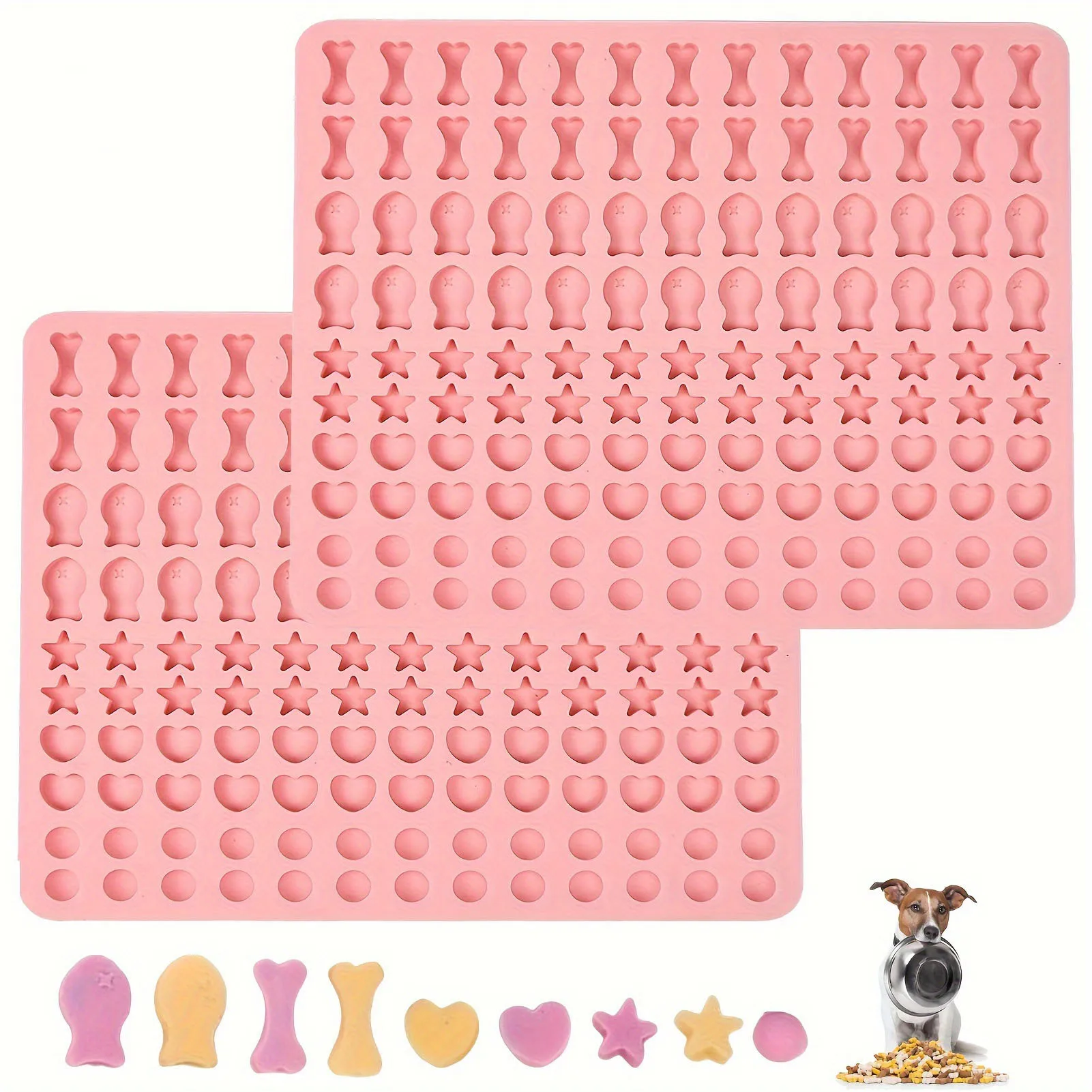 Silikon-Hundebehandlungsformen mit 130 Mulden, Stern-, Herz- und Knochenfischformen für hausgemachte Kekse, Kekse, Süßigkeiten, Schokolade und Gummibärchen Image