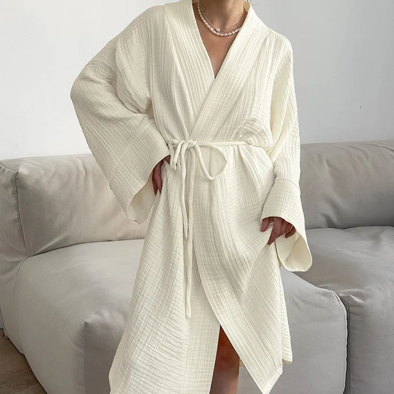 Beigefarbener Damen-Nachtmantel mit langen Ärmeln, V-Ausschnitt, Schnür-Robe, weiche Nachtwäsche, lässig, bequem, lockere Baumwoll-Robe, Damen-Loungewear Image