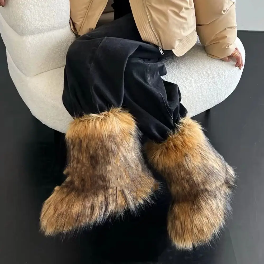 Frauen Winter Schnee Stiefel Outdoor Luxus Pelzigen Faux Fuchs Pelz Stiefel Frau Plüsch Warme Plattform Schuhe Neue Mode Bottes große Größe 46