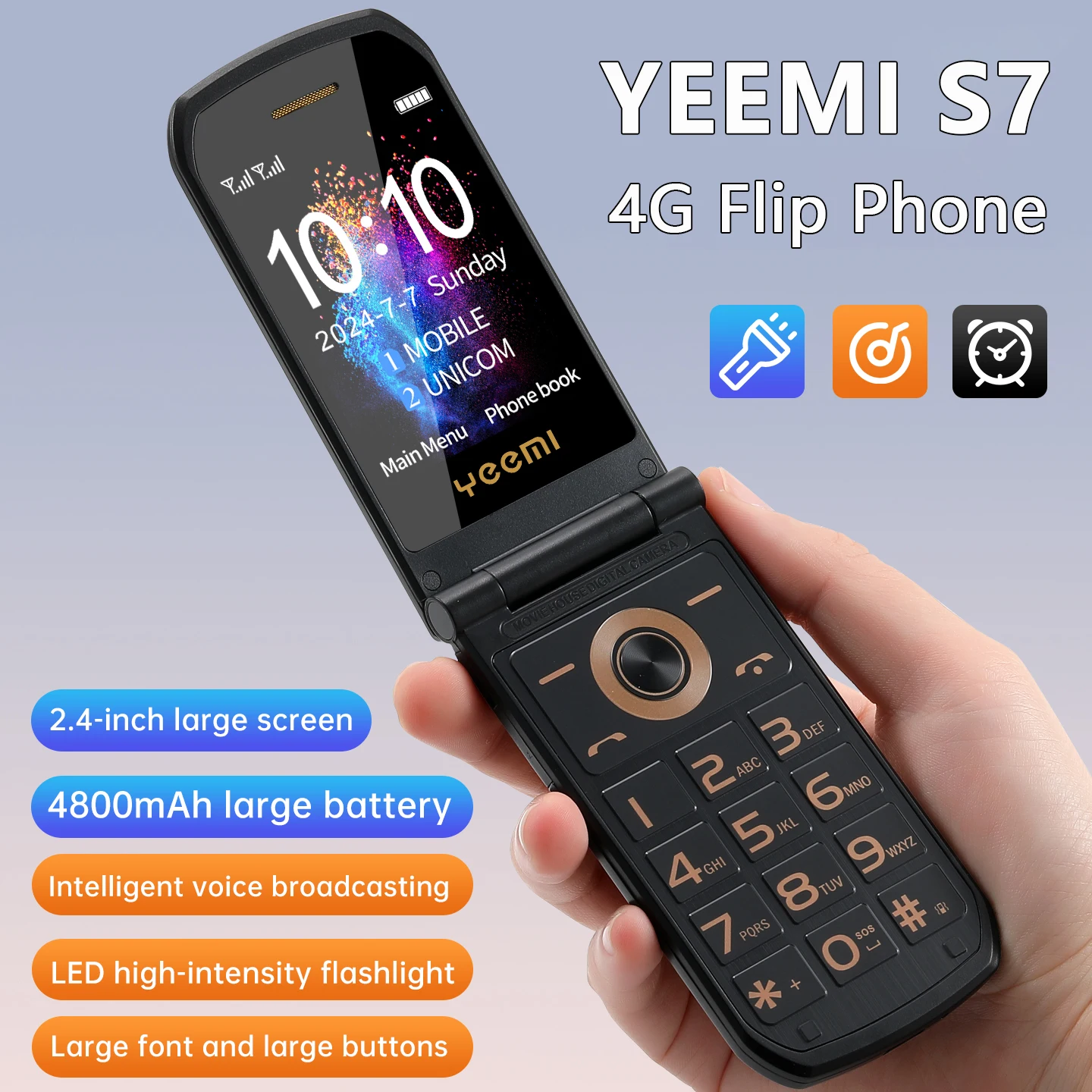 YeeMI S7 4G Robustes Telefon mit großer Taste, große Schriftarten, Dual-SIM-Dual-Screen-Flip-Telefone, 4800 mAh, Clamshell-Handy für alte Männer