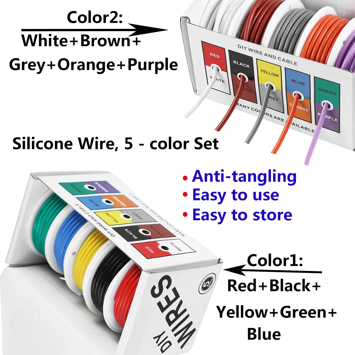 Silikon-Drahtmischungsset (5 Farben), hitzebeständig, flexibel, 30/28/26/24/22/20/18/16 AWG, langes Kabel, elektrische verzinnte Kupferdrähte Image