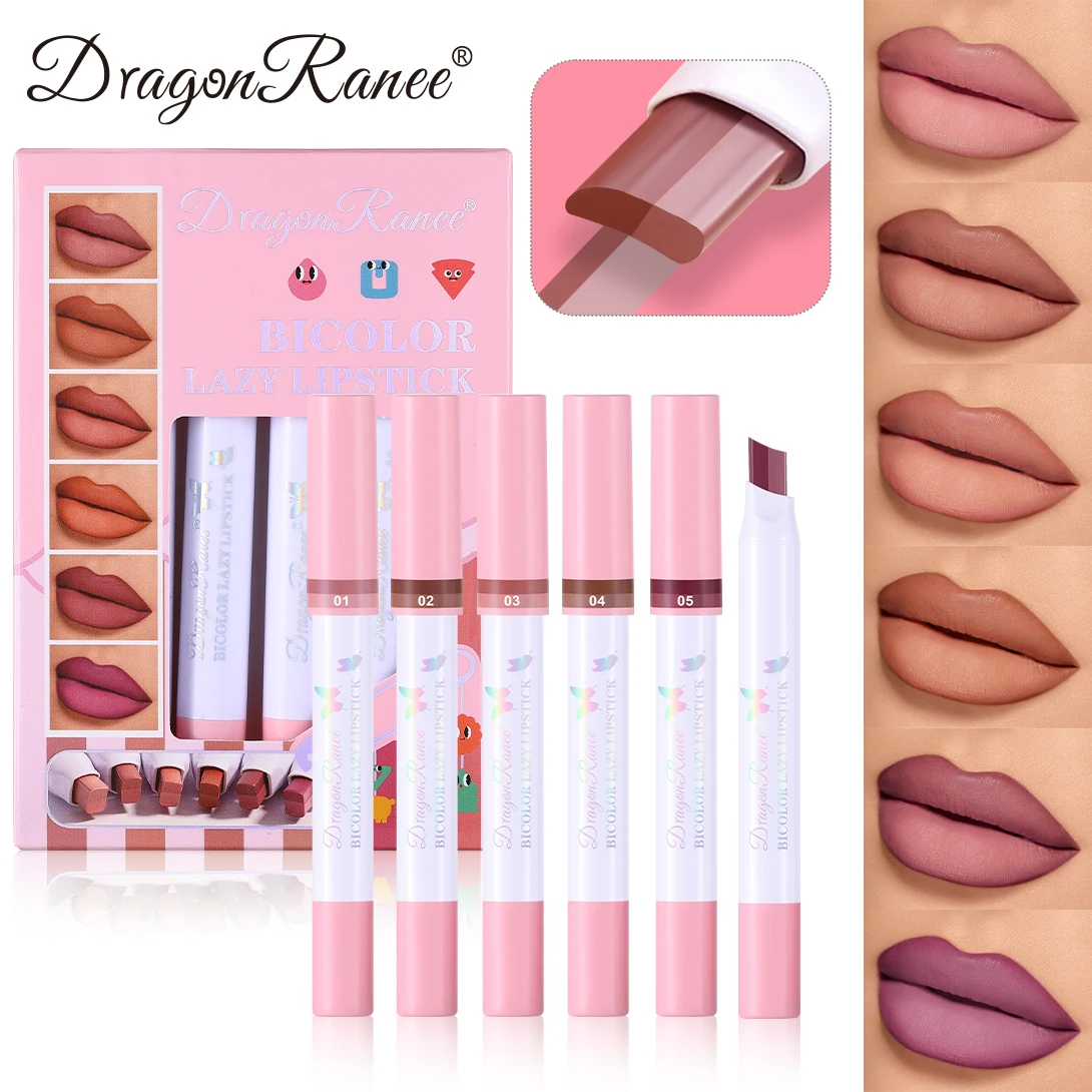 Sechs-Pack zweifarbige Lippenstift-Stift-Set-Box, mattes Finish, langanhaltender Make-up-Effekt, zweifarbig, zart, wasserfest, lichtecht, Lipgloss, natürliche und einfach aufzutragende Image
