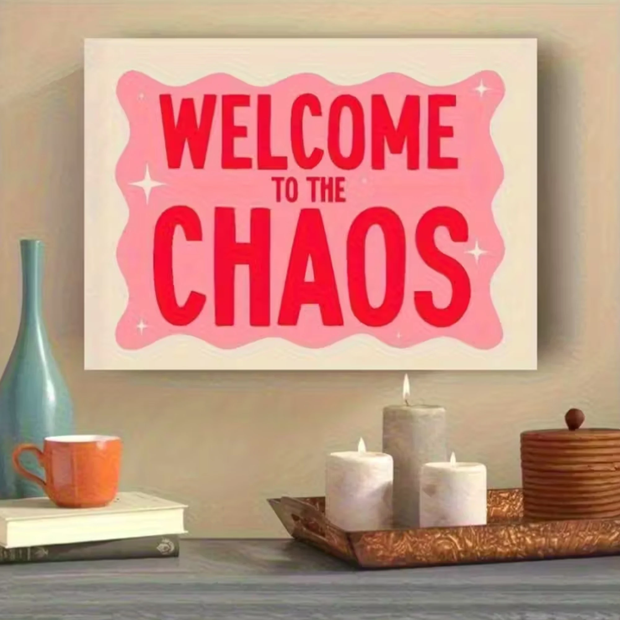 „Welcome To The Chaos“ Inspirierende rosa-weiße Wandkunstdrucke, Leinwandgemälde, Poster, Bild für Wohnzimmer, Schlafzimmer, Heimdekoration