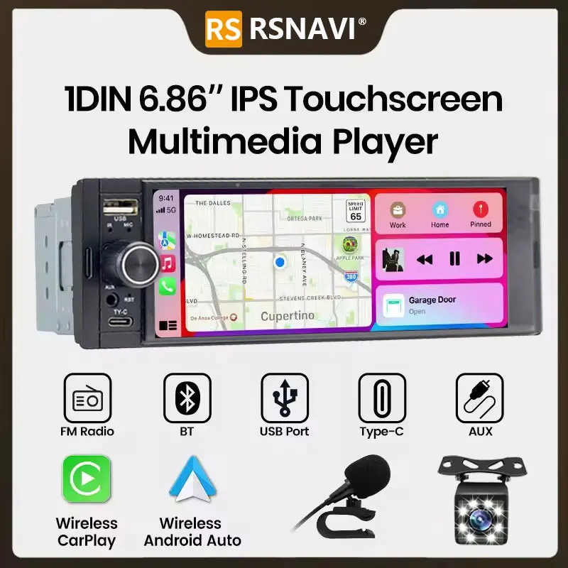 RSNAVI 6,86 Zoll Universal 1 Din Autoradio Radio MP5-Player Drahtloses Carplay Android Auto BT SWC FM USB Typ-C-Stecker Autoradio Image