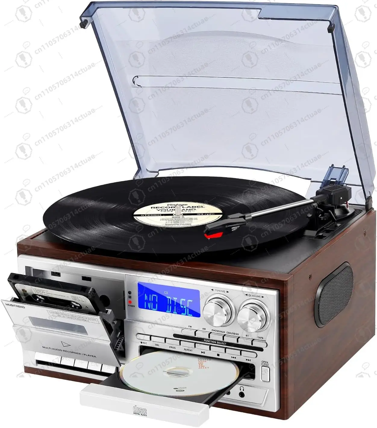 Vintage Plattenspieler 9-in-1 Bluetooth Plattenspieler mit CD Kassette Vinyl AM/FM Radio USB SD Wiedergabe Aux-in RCA Line-Out Image