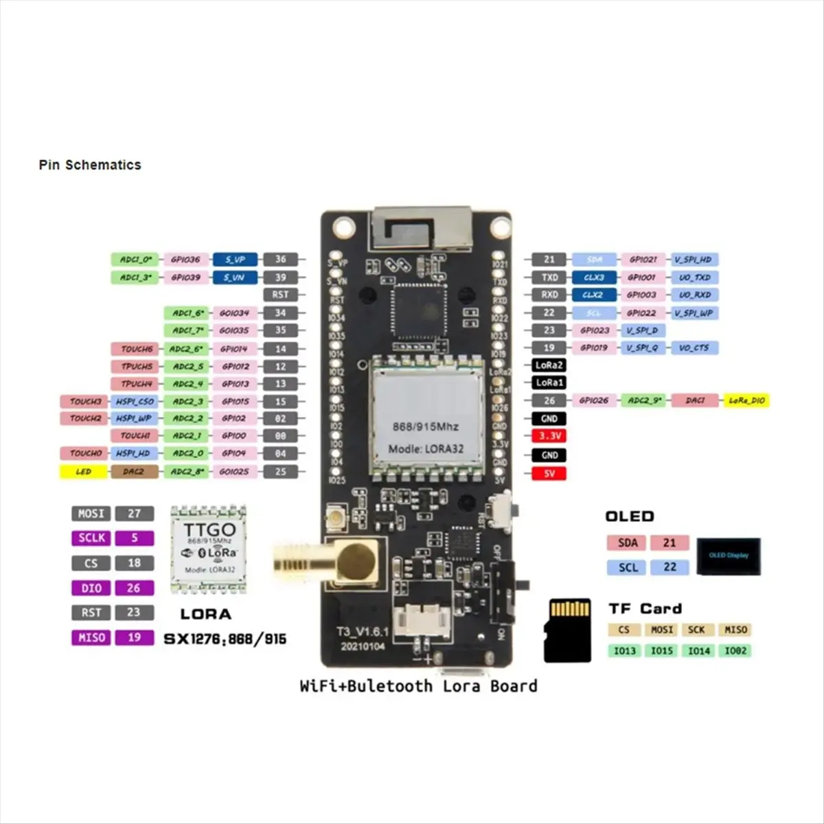 LoRa32 V2.1-1.6 Version 868 MHz ESP-32 SMA CH9102F LoRa OLED 0,96 Zoll SD-Karte Bluetooth WIFI Modul-A22U Image
