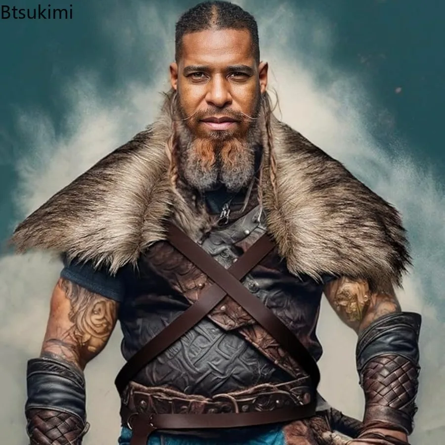 Mittelalterliche Männer Krieger Wikinger Pelz Wrap Drapieren Schal Winter Warm Pelz Kragen Capelet Künstliche Pelz Mantel Halloween Cosplay Kostüm Image