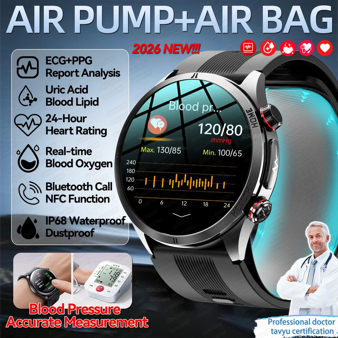 Neue Luftpumpe Airbag Blutdruck Professionelle Pflege Smart Uhr Männer EKG Uirc Säure Lipid Herzfrequenz NFC Sport Gesundheit Smartwatch Image
