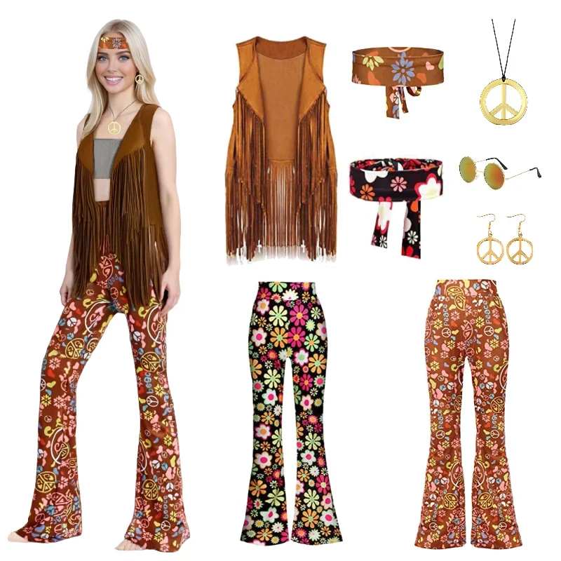 60er 70er Disco Hippie Outfits für Frauen Vintage Halloween Kostüm Zubehör Set Boho Schlaghose Fransen Weste Friedenszeichen