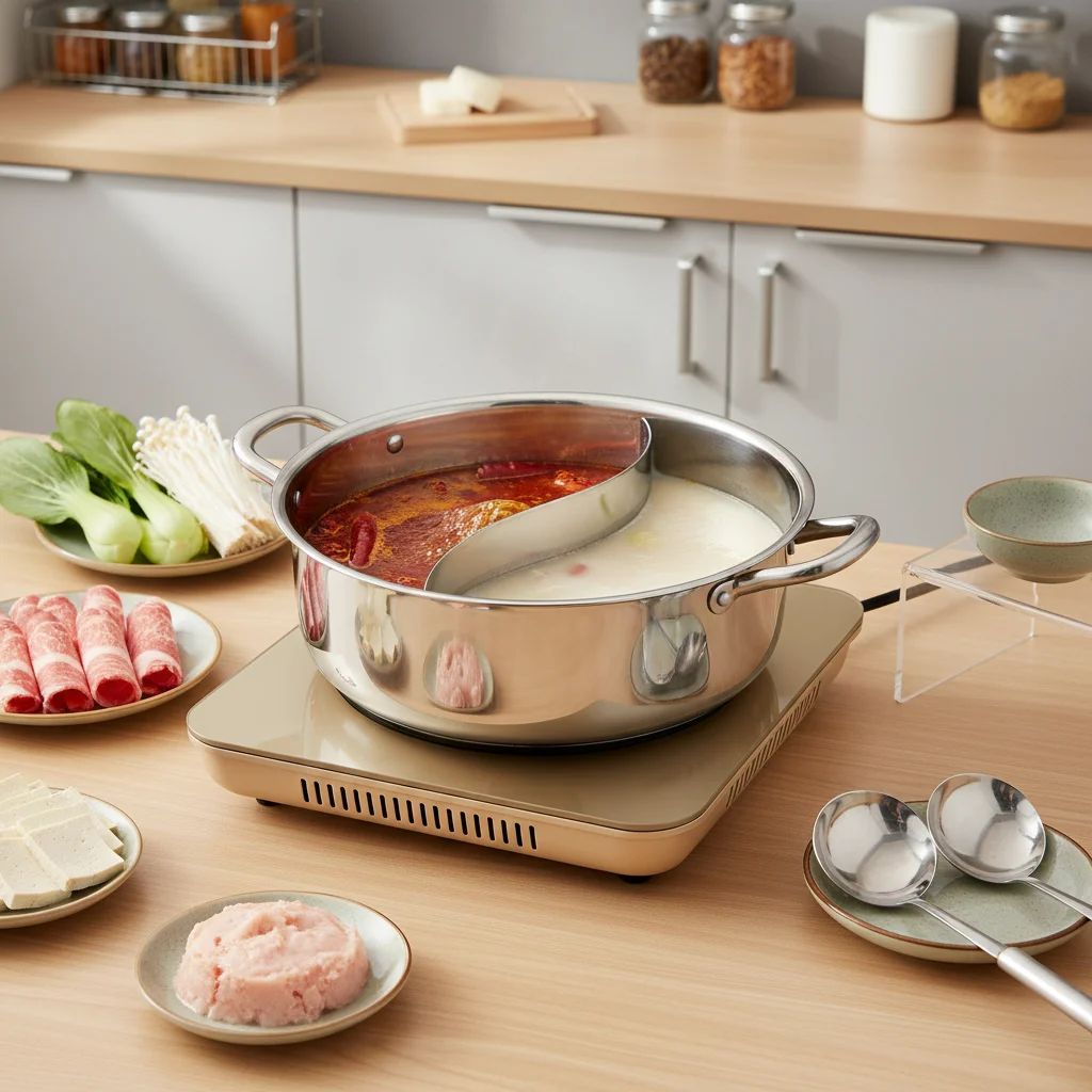 32 cm großer Hot Pot aus Edelstahl mit Trennwand, 304 Doppel-Suppentopf mit Glasdeckel und Löffelkelle zum Kochen auf Familienfeiern Image
