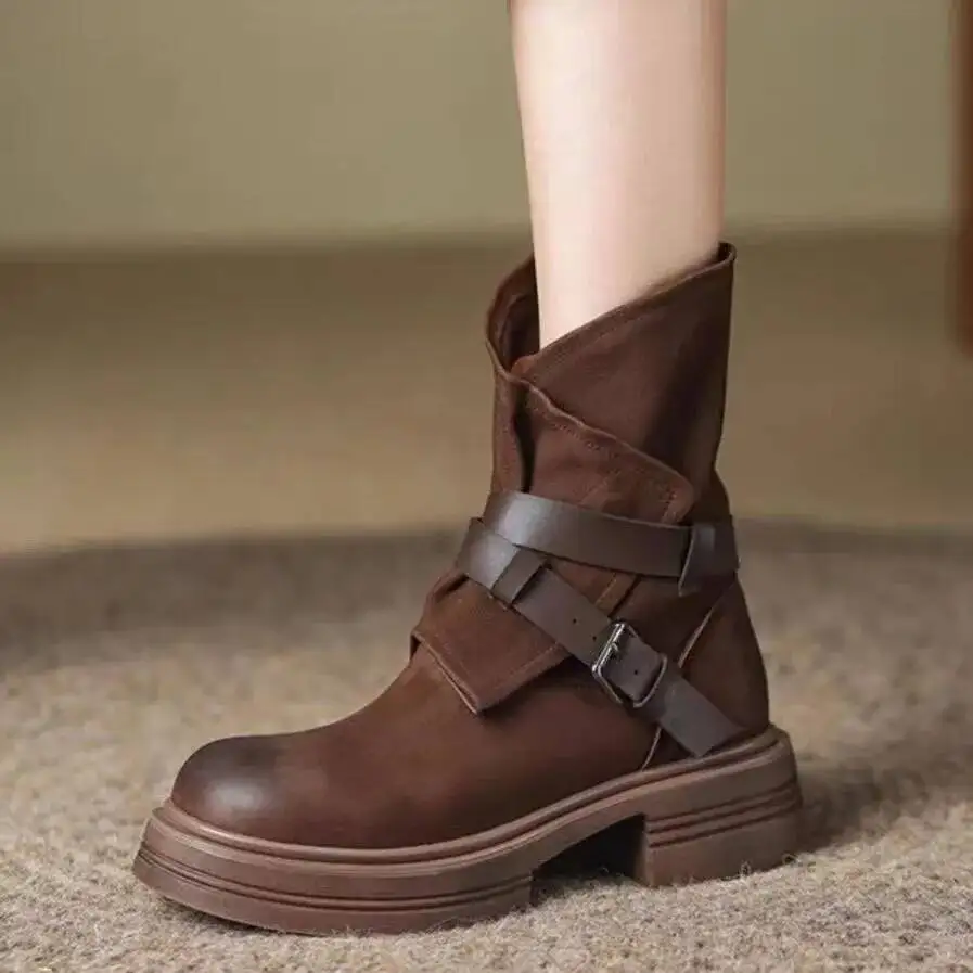 Damen-Stiefeletten, 2025, Herbst-Winter, Damen-Maillard-Stiefel, mittlere Waden, Western-Cowboy-Retro-Stiefeletten, seitlicher Reißverschluss, Westernstiefel