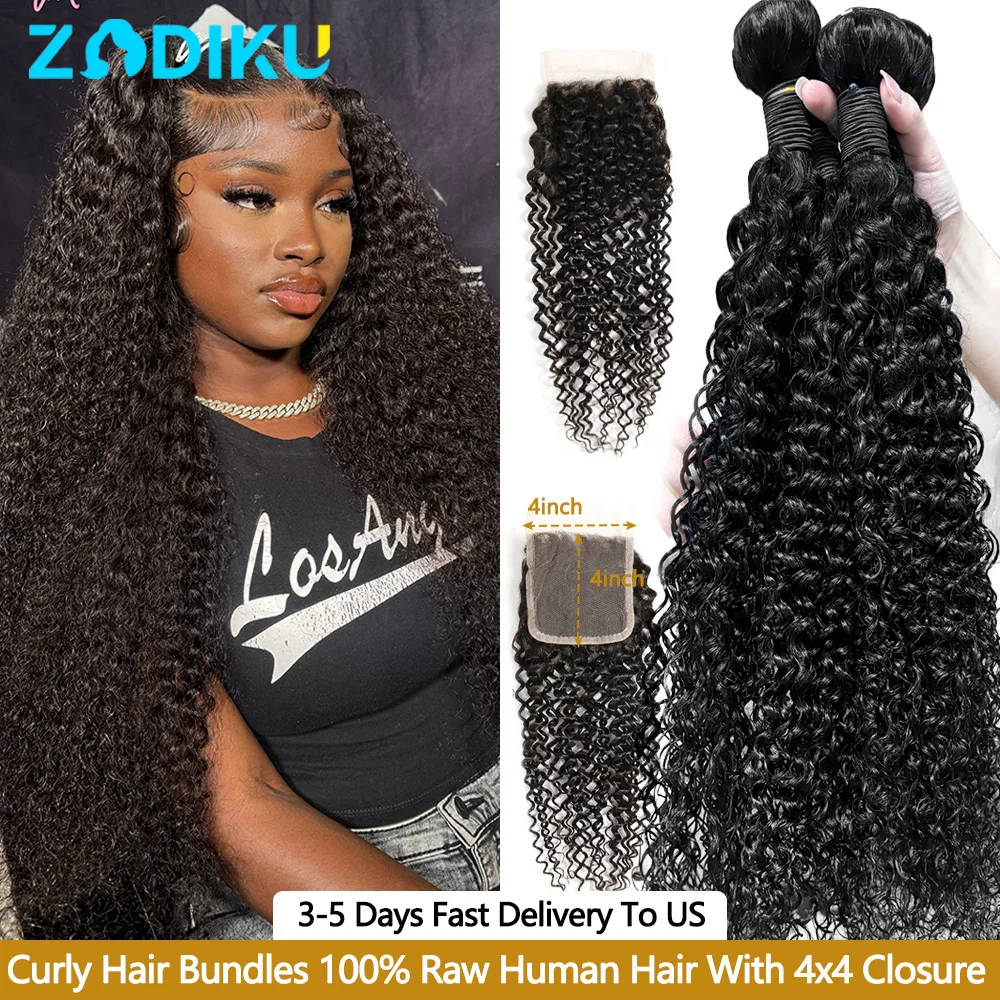 Kinky Curly Echthaar-Bündel, 100 % unbehandeltes Echthaar mit 4x4-Verschluss, burmesische lockige Echthaar-Bündel mit Verschluss, 3/4 Stück, 12-32 Zoll, weich, dick, kein Haarausfall, unbehandeltes Image