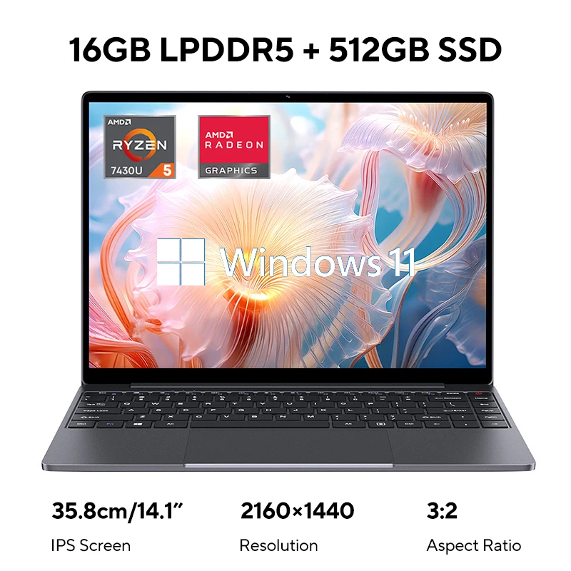 CHUWI Laptop CoreBook X AMD R5 7430U Win11 14-inch Gaming Computer 2K Display 65W Fast Charge 16GB LPDDR5 512GB SSD Portable PC
