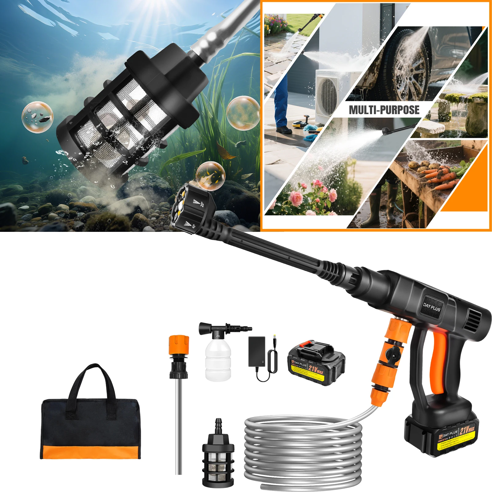 6IN1 Akku-Hochdruck-Waschwasserpistole, Auto-Jet-Waschmaschine, 21 V, 300 Bar/3000 PSI, mit 2 3,0 Ah Akku, 5 m Schlauch