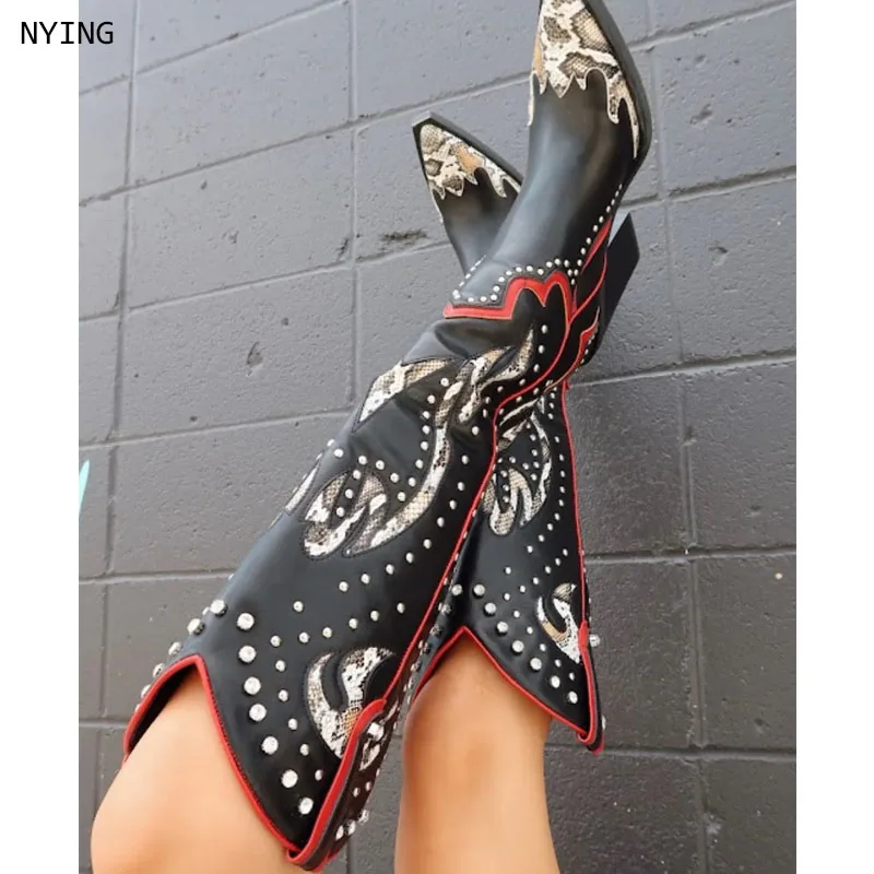 2025 Plus Größe 44, bestickte Western-Kniehohe Stiefel für Damen, Cowboy-Cowgirl-Stiefel, klobiger Absatz, Stiefel für Damen, Western-Schuhe