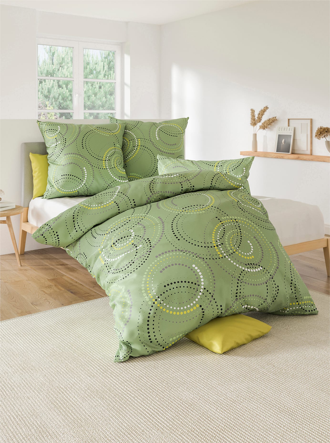 Bettwäsche WÄSCHEPUR Gr. 1, eucalyptus, grau, bedruckt, B/L: 135cm x 200cm, Feinbiber, B/L: 80cm x 80cm, 2 tlg., Feinbiber, 100% Baumwolle, Bettwäsche, Bettwäsche Image