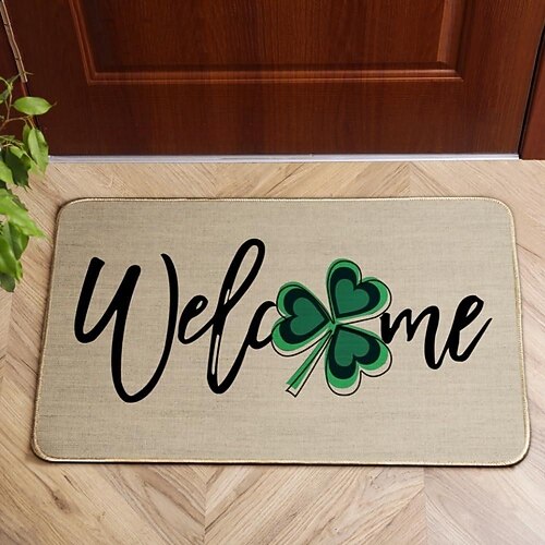 Fußmatte zum St. Patrick's Day, irisches vierblättriges Kleeblatt-Design, Eingangsmatte, festlicher grüner Kleeblatt-Türteppich für die Feierlichkeiten zum St. Patrick's Day. Image