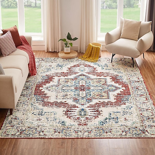 Maschinenwaschbarer Teppich, Vintage-Wohnzimmerteppich, waschbarer Couchtischvorleger mit rutschfester Unterseite, faltbar und leicht zu reinigen, weiche und strapazierfähige Fußmatte für Zuhause Image