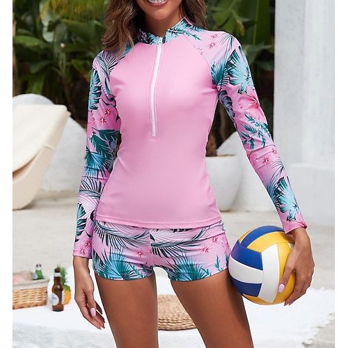 Damen Anti UV Shirt Badeanzug mit Blumenmuster Badeanzug Bedruckt Reißverschluss Boyleg Ultraleicht (UL) UV Schutz Elastisch Langarm Bademode Surfen Schnorcheln Frühling Image