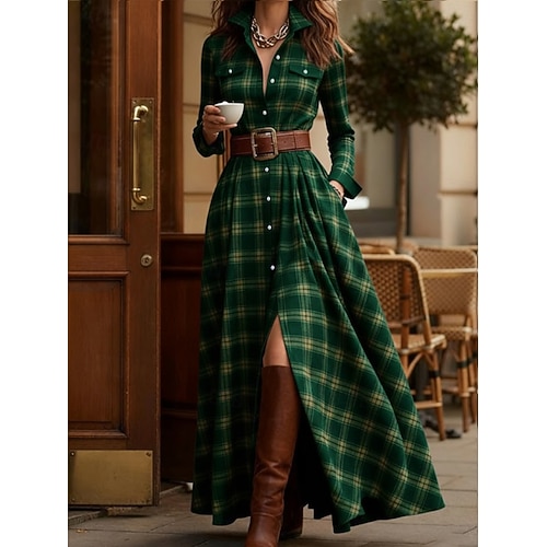 Damen Maxikleid Shiftkleid Urlaub Lässig Boho Täglich Normale Passform Karomuster Langarm Hemdkragen Blau Gelb Rosa Rote Frühling Herbst Winter Image