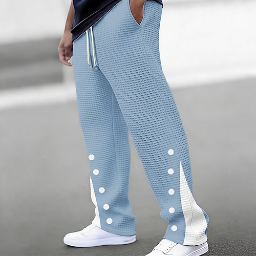 Herren Jogginghose Hose Gerade geschnittene Sweatpants Waffelhose Kordelzug Tasche Elastischer Bund Farbblock Komfort Weich Lässig Täglich Outdoor Urlaub Mode Schwarz Hellgrün Mikroelastisch Image