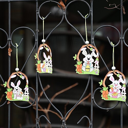 4er-Pack Osterdekorationen, Mini-Hängeornamente aus Holz, Hasen-, Eierschalen- und Kükenfiguren für die Osterdekoration, Frühlingsfest-Atmosphäre, Partydekorationen Image